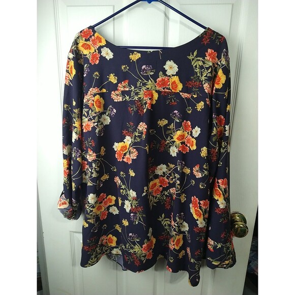 ModCloth Top Womens 3X Purple Red Floral Roll Tab LS Blouse VNeck Boho Office - Picture 9 of 9